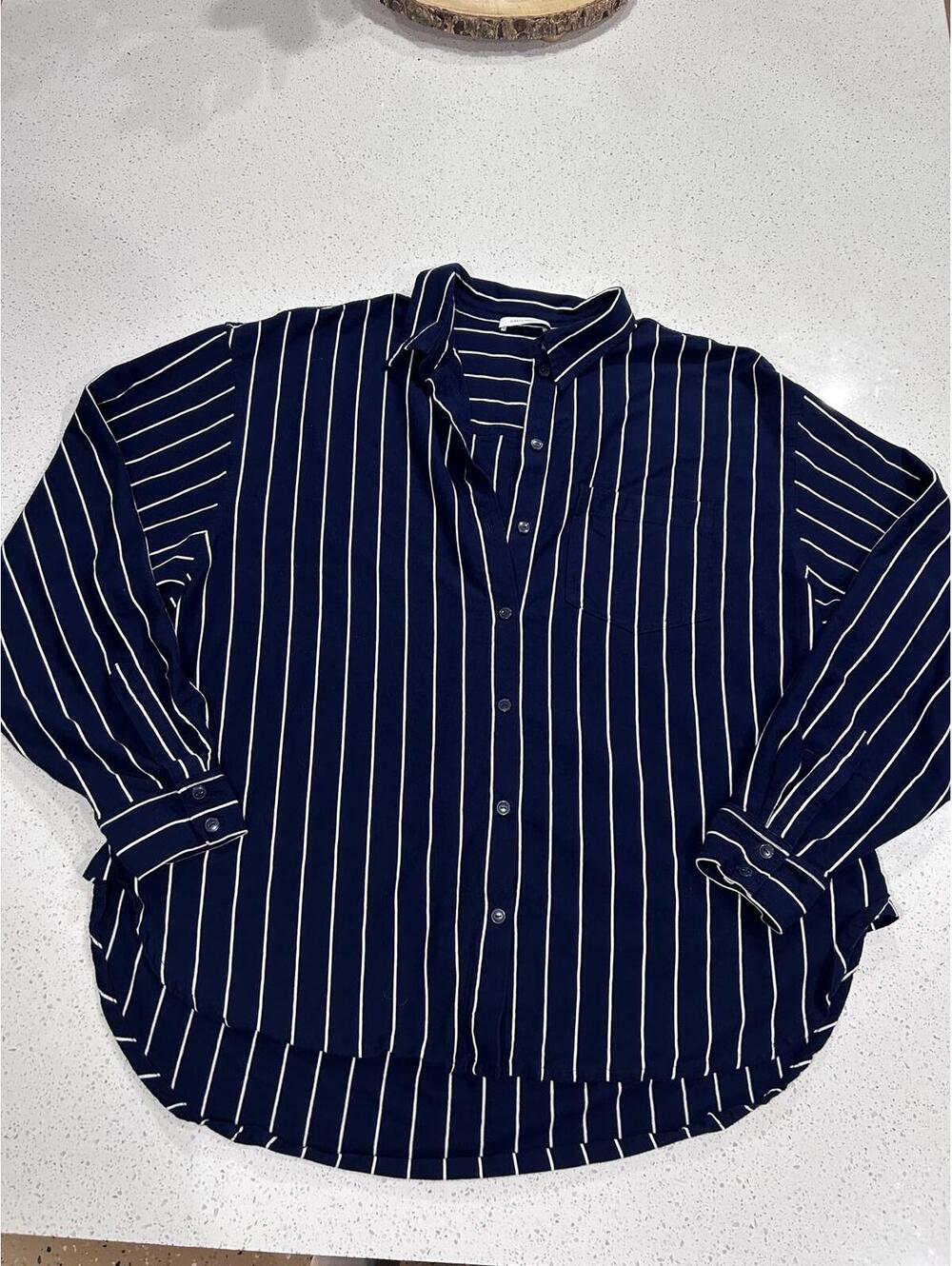 Organic! NINETY PERCENT Navy Blue & White Striped Button-Down Shirt